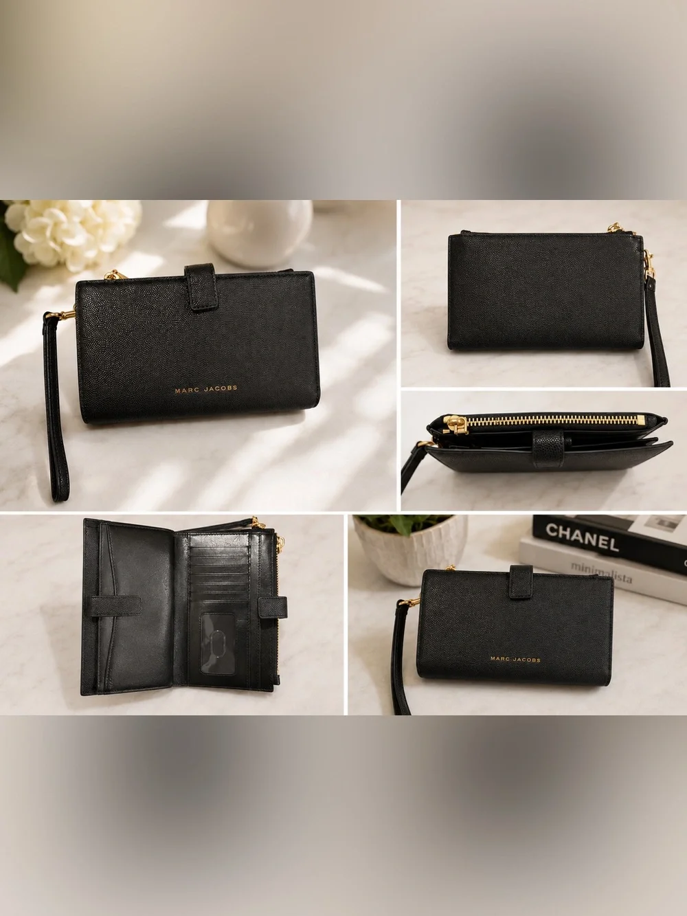 Marc Jacobs Black Leather Wristlet Organizer with Gold Hardware